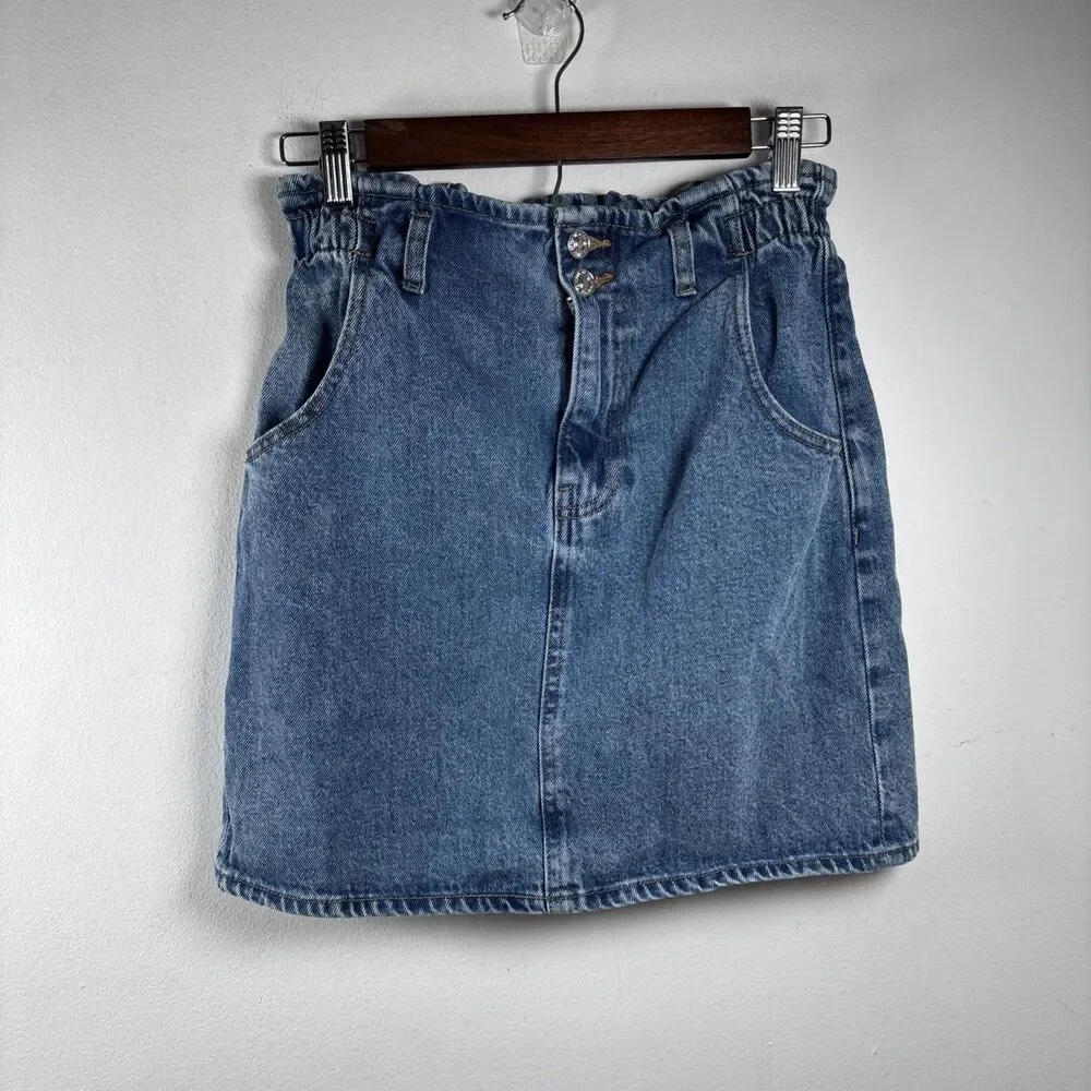 MNG by Mango Women’s Denim Mini Skirt XS Blue High Rise Paperbag Waist Y2K